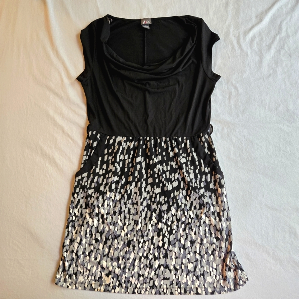 Dots Cowl Neck Stretch Dress with Cap Sleeves & Pockets